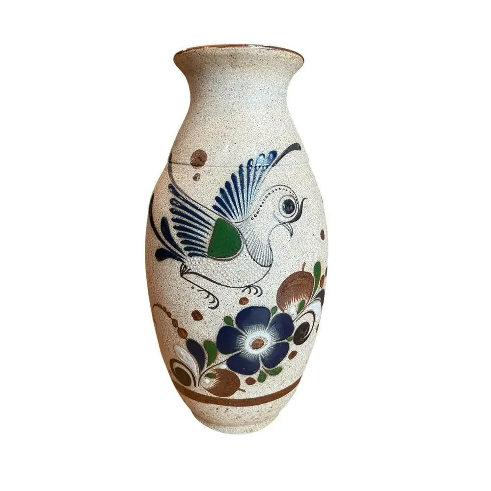 Mexican Tonala Vase Folk Art Stoneware Vase with Bird and Flower Detail